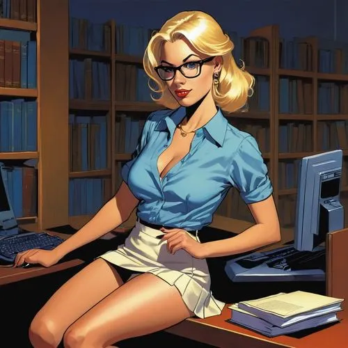 librarian,secretary,girl at the computer,girl studying,retro women,blonde woman reading a newspaper,retro girl,retro woman,night administrator,academic,professor,reading glasses,retro pin up girl,bookworm,secretary desk,blonde sits and reads the newspaper,schoolgirl,tutor,sci fiction illustration,pin-up girl,Conceptual Art,Fantasy,Fantasy 07