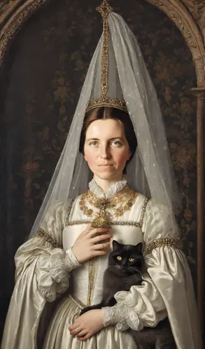 (portrait of a noble woman in 15th century medieval dress holding a one dark grey cat in her arms: 1,5), (on the woman's head there is a  Gothic 'Heart Shaped Hennin' with veil: 1,5), (a veil hangs fr