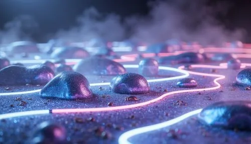 mushroom landscape,3d render,futuristic landscape,labyrinths,microworlds,alien world,luminarias,crystals,lumo,cinema 4d,render,crystalize,ice landscape,fairy village,3d rendered,square bokeh,ambient lights,crystallization,3d background,geysers