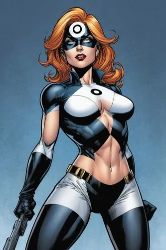 Female version of Bullseye from Marvel Comics. ,black widow stands with her weapon ready,cassaday,madelyne,rahne,giganta,siryn,palmiotti,Illustration,American Style,American Style 13