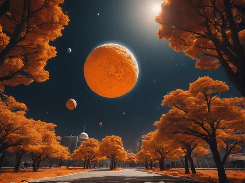 orange sky,autumn background,lunar landscape,pumpkin autumn,autumn landscape,fall landscape,golden autumn,moons,autumn scenery,fantasy landscape,fantasy picture,autumn theme,hanging moon,autumn sky,autumn forest,autumn trees,space art,alien planet,orange,sky of autumn,Photography,General,Natural