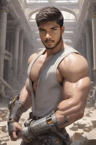 A muscular man with a thick beard and a muscular brow stands in front of a grand hall of a modern building. His body is intricately detailed, with a range of facial features and facial features. His h