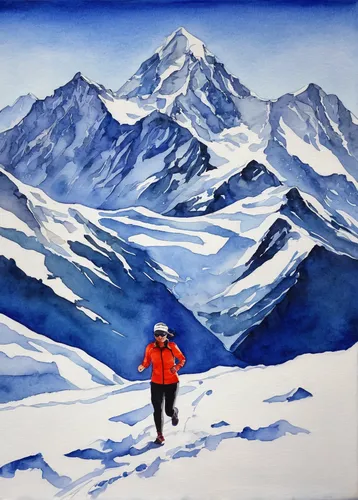 A little high altitude jog (ha...) in front of magnificent Mera Peak,ortler winter,ortler,monte rosa,ski touring,weisshorn,watercolor painting,piz bernina,monte rosa massif,ruapehu,watercolour,piste,m