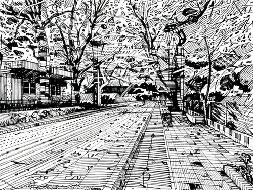 tram road,mono-line line art,cherry blossom tree-lined avenue,pointillism,pen drawing,sakura trees,sidewalk,tsukemono,plane trees,meiji jingu,tree-lined avenue,mono line art,bicycle path,vanishing point,koyasan,street scene,the street,walkway,cool woodblock images,panoramical,Design Sketch,Design Sketch,None