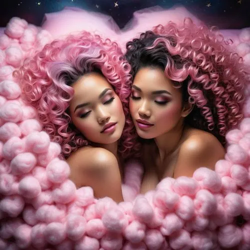 (Sensual art by Jim Lee, by Jasmine Becket-Griffith, by Amy Sol, by Fasfoto :1.5), (two women with curly hair, deeply in love and cuddling in a makeshift bed of pink cotton wool, their bodies glowing 