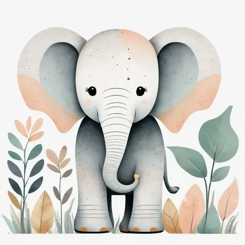 A cute elephant clipart, organic forms, in the style of Jon Klassen, desaturated light and airy pastel color palette, nursery art, white background
,elephant,asian elephant,girl elephant,circus elepha