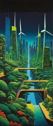 futuristic landscape,ecotopia,cybercity,cybertown,wind park,futurist,metropolis,fantasy city,industrial landscape,arcology,fields of wind turbines,park wind farm,suburbanized,green energy,nextera,futuristic architecture,electrical grid,renewable energy,futurists,futuregen,Art,Artistic Painting,Artistic Painting 09