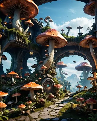 mushroom landscape,mushroom island,toadstools,mushrooms,fairy village,conocybe,agarics,fairy world,phellinus,forest mushrooms,ecotopia,fairy forest,psilocybe,umbrella mushrooms,collybia,club mushroom,brown mushrooms,agaric,forest mushroom,cartoon forest,Photography,General,Realistic