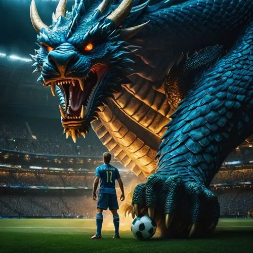 The giant soccer player prepares to face off against the powerful dragon with blue eyes its scales shimmering in the moonlight. The dragon's eyes are fixed on the throne, and its roar echoes through t