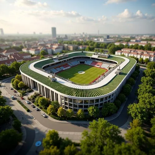 Eco-friendly stadium, green roofs, solar panels, wind turbines, rainwater harvesting systems, recycled materials, natural ventilation, large windows, clerestory windows, translucent roofing, LED light