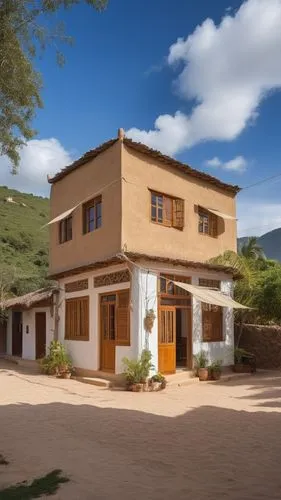 a house with wooden shutters sitting in front of a mountain,casitas,hacienda,traditional house,casita,cafayate,dunes house,Photography,General,Realistic