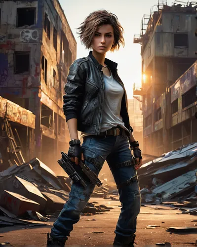 female protagonist, Ava, short hair, determined expression, casual outfit, jeans, leather jacket, action pose, Tripp, male sidekick, messy hair, stubble, graphic t-shirt, cargo pants, supportive stanc