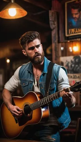 muscular man, Kyle Hemsworth, 30s, rugged beard, short brown hair, strong jawline, piercing blue eyes, sleeveless denim jacket, white tank top, ripped jeans, black boots, holding a guitar, playing in 