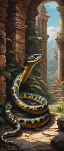 Compose a mysterious poem about a kingsnake slithering through ancient ruins,anaconda,burmese python,rock python,yellow python,serpent,western terrestrial garter snake,emperor snake,plains gartersnake