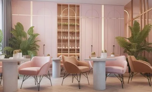 дизайн кофейни в светлых тонах,breakfast room,dining room,banquette,3d rendering,a restaurant,modern decor,renderings,dining table,meeting room,render,bistro,dining,pink chair,interior design,patisser