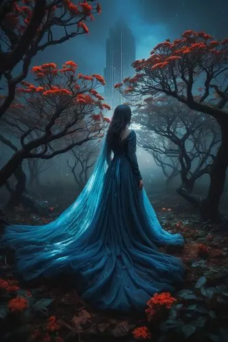 fantasy picture,blue enchantress,fantasy art,persephone,blue moon rose,blue rose,unseelie,fantasia,fathom,melian,fairy queen,fallen petals,forest of dreams,llorona,gothic woman,queen of the night,world digital painting,rusalka,moonsorrow,isoline,Illustration,Realistic Fantasy,Realistic Fantasy 17