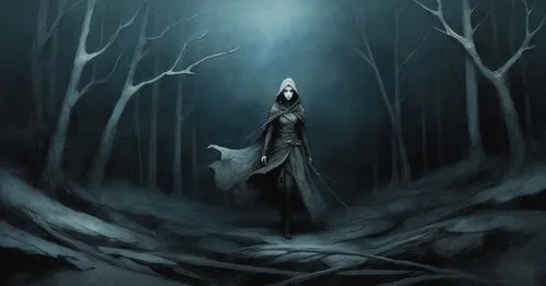 a person walking in the middle of a forest,slender,isoline,moonsorrow,malefic,patronus,hecate,mirkwood,covens,unseelie,llorona,darkling,selene,gothic woman,the enchantress,crone,sorceress,dark art,nor