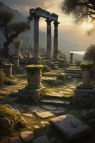 Akronis, ancient Greek ruins, crumbling stone columns, intricate carvings, overgrown with vines, moss-covered, abandoned, mysterious atmosphere, warm golden light, dramatic clouds, distant mountains, 