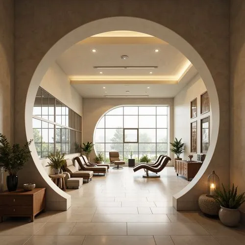 semi circle arch,cochere,lobby,luxury home interior,round window,archways,circle shape frame,round arch,interior modern design,three centered arch,modern decor,contemporary decor,hotel lobby,modern living room,stucco ceiling,circular staircase,entryway,interior decoration,daylighting,exterior mirror