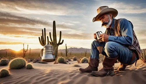 Vintage cowboy, worn leather boots, rugged denim pants, plaid shirt, wide-brimmed hat, graying beard, mustache, holding a distressed metal coffee pot, steam rising from spout, old west desert landscap