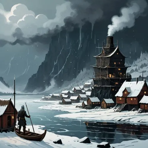 icewind,winter village,winter house,winterfell,winter landscape,snow scene,snowy landscape,northmen,winterflood,winter background,fantasy landscape,vinland,mountain settlement,snow landscape,floating huts,winter night,christmas landscape,syberia,rendalen,fishing village