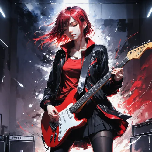 electric guitar,rock band,rocker,rock music,guitar,transistor,lady rocks,lead guitarist,guitar player,red-haired,concert guitar,playing the guitar,bass guitar,painted guitar,guitarist,bassist,the guitar,rock,punk,epiphone,Illustration,Paper based,Paper Based 20