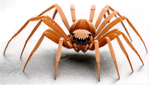 House spider, medium size, brown body, eight legs, beady eyes, hairy abdomen, standing on web, morning dew, soft natural light, 3/4 composition, shallow depth of field, warm color tone, realistic text