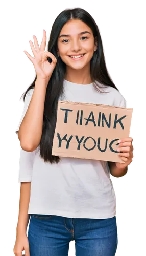 Girl, smiling, holding a sign that says "Thank You", solo, (16yo), beautiful detailed eyes, light blush, black hair, mole under eye, casual outfit, jeans, white t-shirt, sneakers, relaxed posture, lea