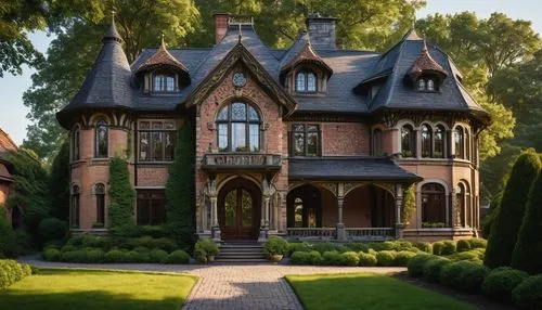 Victorian architecture, grand mansion, symmetrical facade, intricate stonework, ornate wood carvings, stained glass windows, steeply pitched roof, multiple chimneys, detailed brick patterns, lush gree