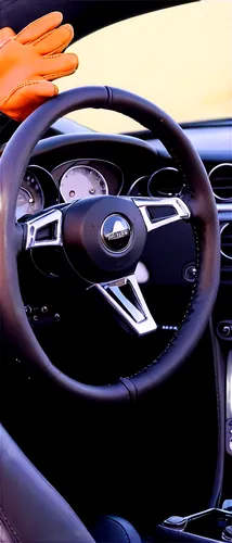 Steering wheel, sports car, black leather, silver spokes, glossy finish, detailed stitching, chrome accents, driver's hands, grasping tightly, slight sweat, racing gloves, intense facial expression, d