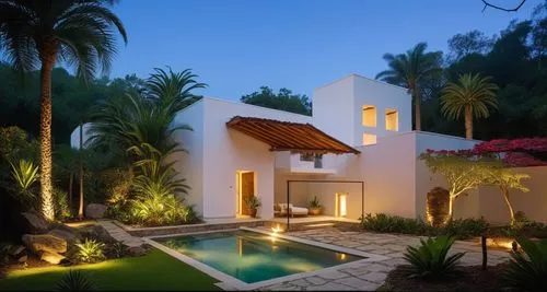 EL EXTERIOR DE UNA CASA CON ESTILO MEXCANO MODERNO, USO DE COLORES VIBRANTES, MATERIALES REFIONALES, TEJA, VIGAS DE MADERA, EN UN AMBIENTE EXUBERANTE, ESTANQUE DE AGUA AL FRENTE, PROPORCION, EXCELENTE