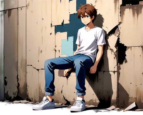 Cartoon character, young adult male, messy brown hair, worn-out clothes, pale skin, dark circles under eyes, skinny arms, dirty sneakers, torn jeans, stained white shirt, sloppy posture, leaning on wa