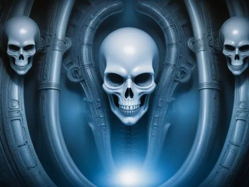 background H.R. Giger influence,some white skulls are seen in the blue background,giger,endoskeleton,cybernetically,abductees,cryonics,cybernauts