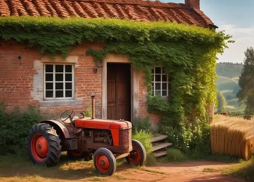 Rural farmhouse, traditional European-style, red brick walls, greenery vines crawling up, wooden door with metal handle, white windows with flower boxes, clay roof tiles, chimney puffing out smoke, su