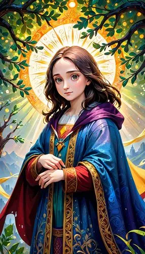 the prophet mary,fairy tale character,joan of arc,mystical portrait of a girl,yogananda,saint therese of lisieux,priestess,zodiac sign libra,artemisia,mary 1,sorceress,children's fairy tale,seven sorrows,fantasy portrait,fantasy art,background image,goddess of justice,horoscope libra,fatima,fantasy picture,Anime,Anime,Cartoon