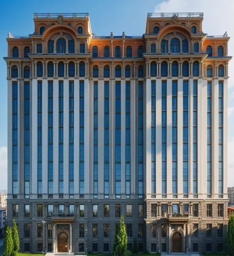 a tall building with glass windows and multiple floors,mgimo,bishkek,kempinski,rotana,krasnodar,largest hotel in dubai,Photography,General,Realistic