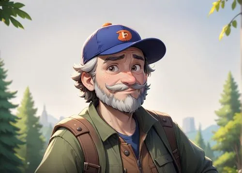 A 50 year old man, he is a forester, he is wearing an orange cap with a logo on it, his beard is greay and chesnuts colored, he is wearing forester clothes green and brown colored, he has a few rickle