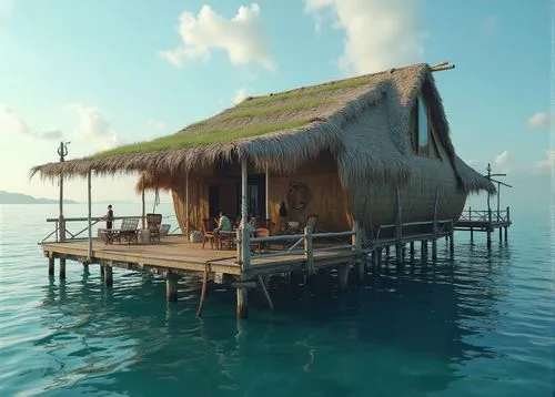 32k photo-realistic, high definition, hyper-realistic several Bajo Stilt House from the sea-nomadic Bajo tribe, combined with futuristic elements. The wooden stilts are replaced with advanced, rust-re