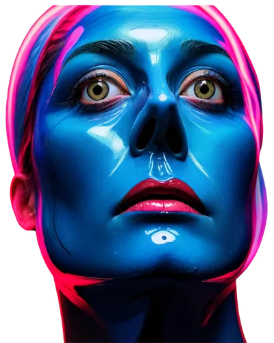 distorted face, melting skin, eerie atmosphere, surrealism, close-up shot, fisheye lens, abstract composition, dark colors, neon lights reflecting on skin, glossy texture, oily sheen, rippling effect,