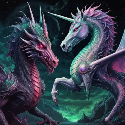 unicorn background,unicorn art,dragons,unicorns,mythical creatures,dragon of earth,painted dragon,fantasy art,green dragon,unicorn and rainbow,unicorn,fantasy picture,wyrm,forest dragon,dragon,draconic,black dragon,dragon li,two-horses,trioceros,Illustration,Realistic Fantasy,Realistic Fantasy 47