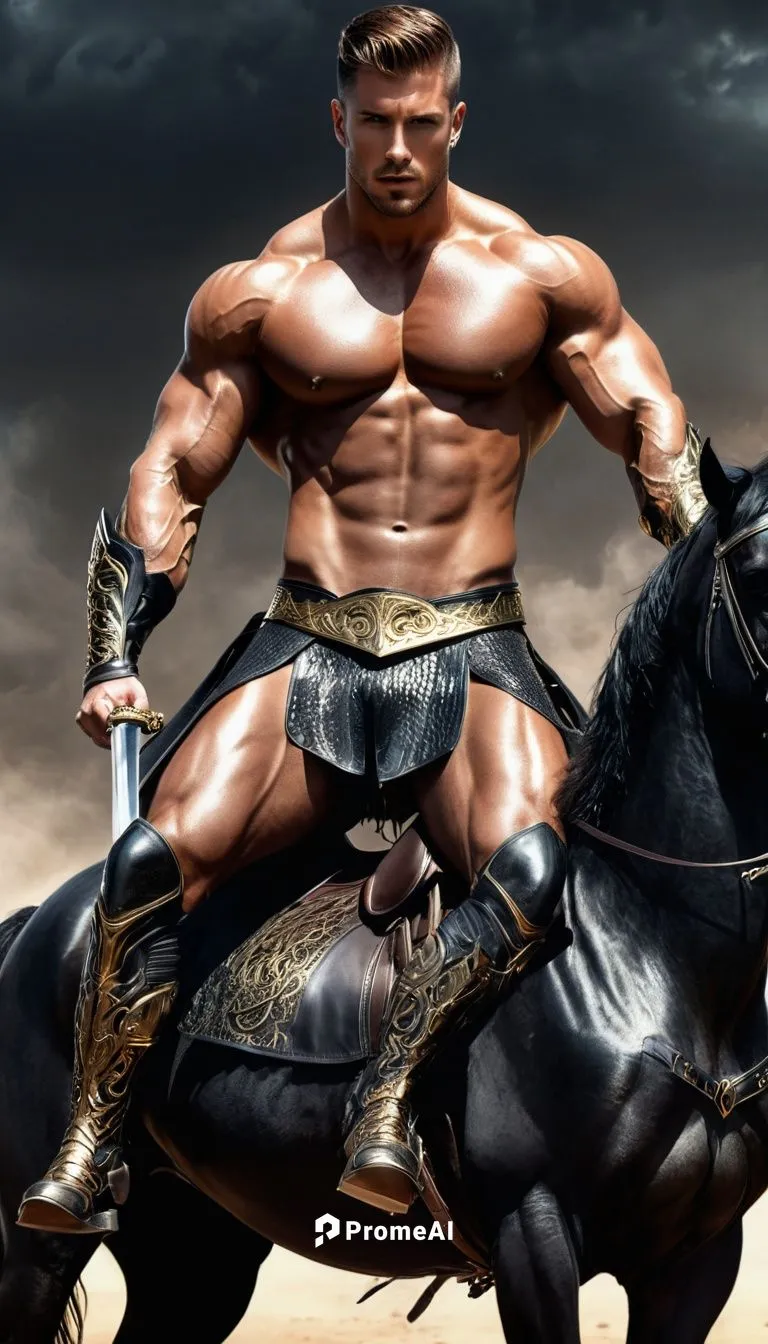 A gorgeous 30 years old knight with great powerful muscles riding a giant black horse, his body is barely naked. His wet, tight, black snake skin slip is teared. His tanned oily body shining in the su