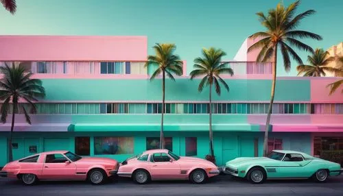 Retro 80s building, vibrant neon lights, pastel colors, geometric shapes, bold lines, futuristic feel, Miami Vice inspiration, palm trees, urban cityscape, sunny day, warm atmosphere, nostalgic ambian