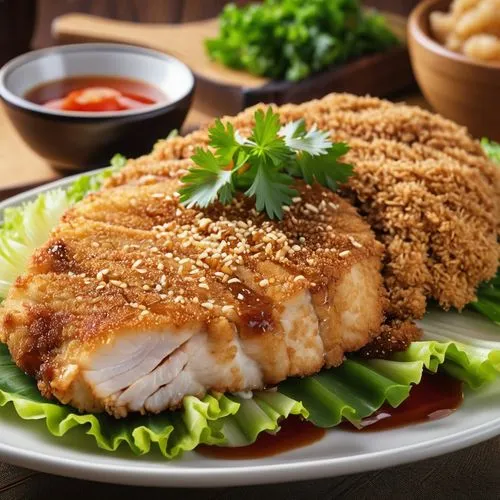 tonkatsu,fried fish with chilli,chicken rice,pangasius,chicken dish,fengyuan,Photography,General,Realistic