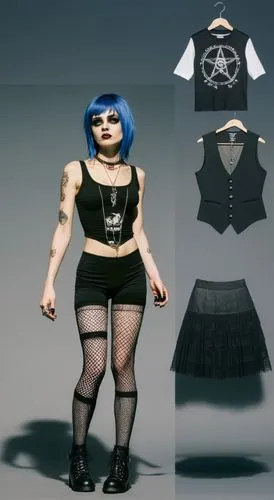 Paper doll 2d cartoon punk blue haired girl in black sleeveless shirt , black spandex shorts, complete full length fishnet and black punk knee Boots, standing surrounded by with a set of punk fashion 