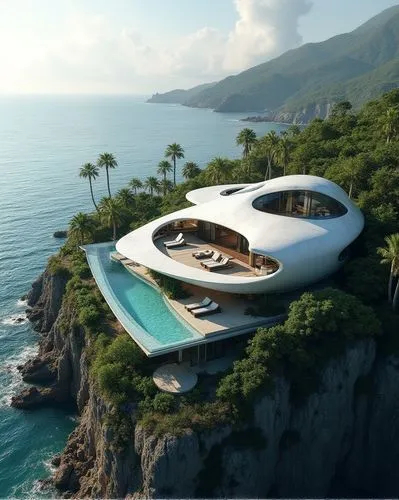 image of a futuristic two-story house with aerodynamic, organic shapes, situated on a cliff with an infinity pool, overlooking the sea in a tropical climate, surrounded by lush native vegetation. ,an 