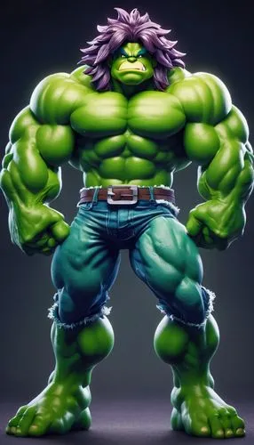 Hulk, muscular man, green skin, ripped clothes, torn pants, long flowing hair, wild hairstyle, intense facial expression, veins bulging out, massive muscles, powerful chest, strong legs, standing pose