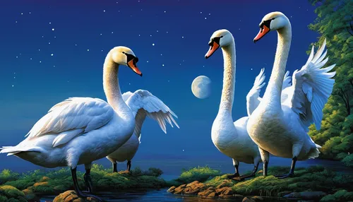 Write a heartwarming story about a swan family's journey towards finding their forever home.,pelicans,great white pelicans,fujian white crane,white pelican,white storks,swans,storks,eastern white peli