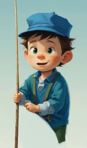 穿著藍色上衣，深綠色褲子的漁夫,an angry person in a blue shirt with a frown on it,chimney sweep,gnomeo,pinocchio,gavroche,miguelito,policeman,Illustration,Children,Children 02