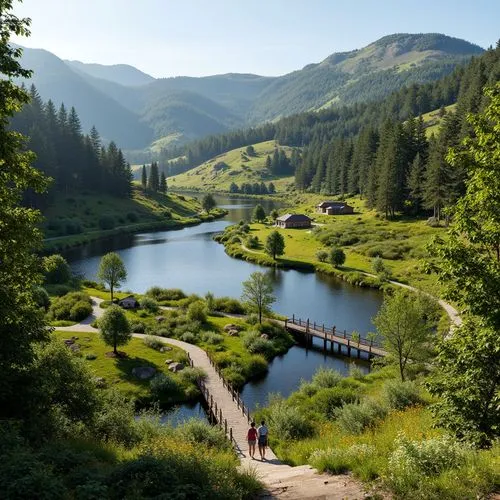 Sweeping hills, lush green forests, serene lakes, winding streams, rustic wooden bridges, natural stone pathways, wildflower meadows, sunny clear skies, soft warm lighting, shallow depth of field, 3/4