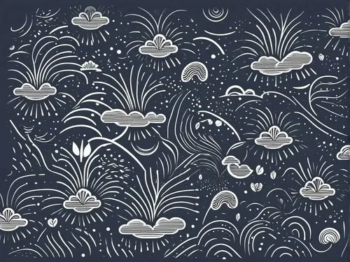 some fireworks and clouds against a blue background,tropical floral background,japanese floral background,jellyfish collage,flamingo pattern,megamendung batik pattern,kimono fabric,Illustration,Black 